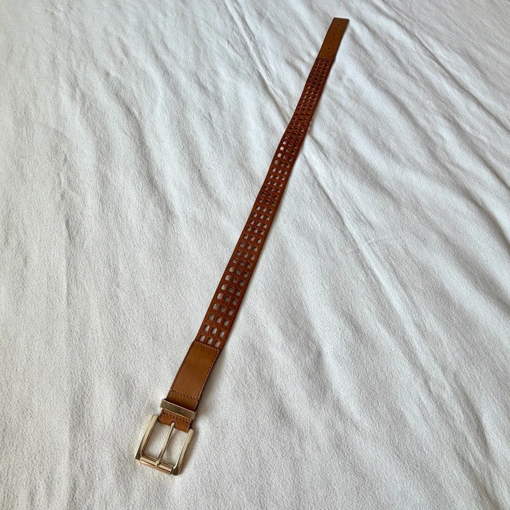 MK Cognac Brown Leather Lattice Laser Cut Belt with Gold Tone Buckle Medium